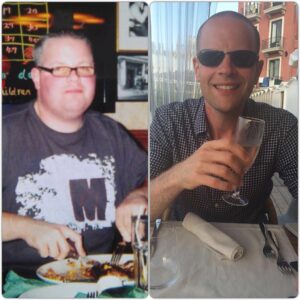 this image shows two pictures of the same man, Roberto - the host of the Secrets of Weight Loss Podcast. The image of him on the left is from when he was fat and weighed twenty three and a half stone. The image on the right is of him after he had lost ten stone.
