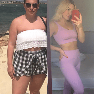 an image of two girls, who are the same, however the one on the left is much bigger than the one on the right after an incredible 6 stone weight loss. The image is to promote her episode on The Secrets Of Weight Loss Podcast with Roberto