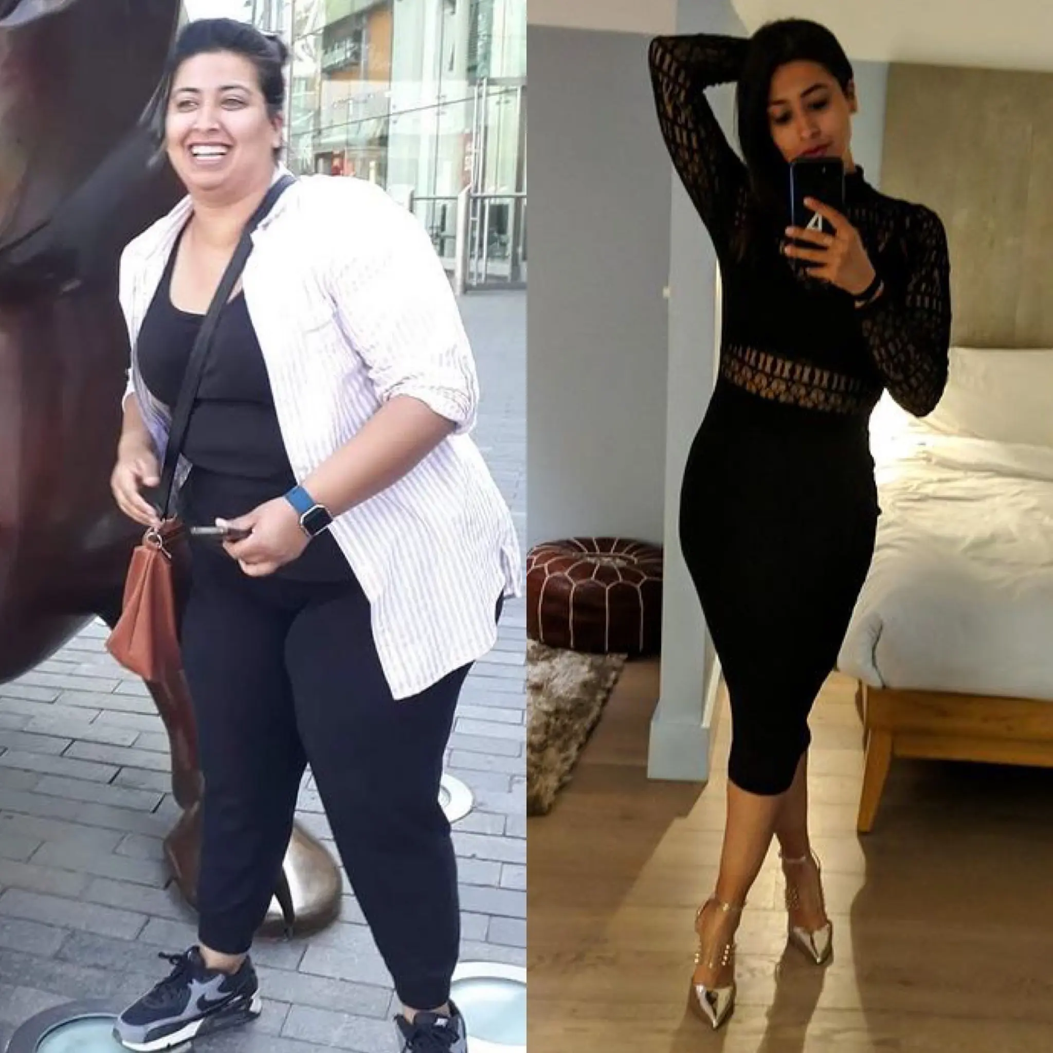 two images of Aishah, a girl who has lost 8 stone in weight. The image of the left is of Aishah before losing her weight, the image on the right is after. The images are used to show her extreme weight loss and her weight loss story that she discusses with Roberto on The Secret Of Weight Loss Podcast.